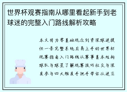世界杯观赛指南从哪里看起新手到老球迷的完整入门路线解析攻略 世界杯观赛指南从哪里看起新手到老球迷的完整入门路线解析攻略