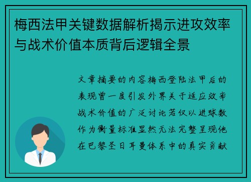 梅西法甲关键数据解析揭示进攻效率与战术价值本质背后逻辑全景 梅西法甲关键数据解析揭示进攻效率与战术价值本质背后逻辑全景